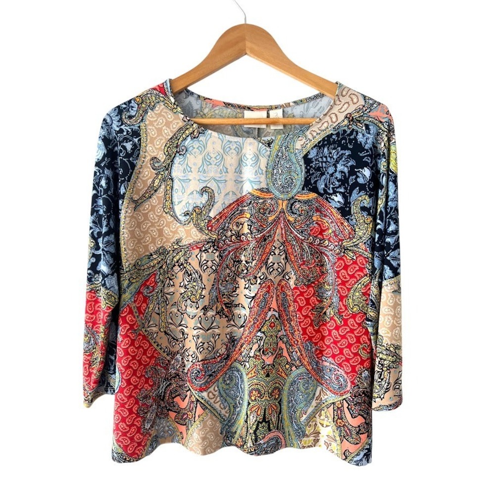 Chicos Paisley Patchwork Knit Top Womens 2 L Multicolor 3/4 Sleeve Scoop Neck